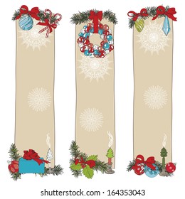 Vector hand drawn vintage christmas banners set. 