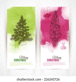 Vector hand drawn vintage christmas banners set. 