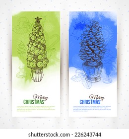 Vector hand drawn vintage christmas banners set. 