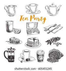 Vector hand drawn vintage coffe and tea party Illustrations. Retro sketch style set.