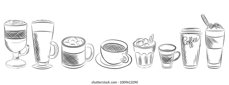 Vector hand drawn vintage coffee set. Collection of hand drawn sketches in retro sketch style. Cup, glass, coffee grain, latte, espresso, cappuccino. Vintage vector elements isolated on white backgrou