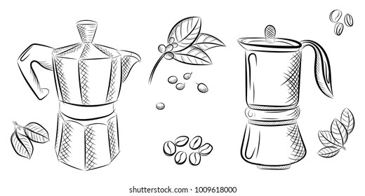 Vector hand drawn vintage coffee set. Collection of hand drawn sketches in retro sketch style. Coffee maker, cinnamon, coffee grain. Vintage vector elements isolated on white background