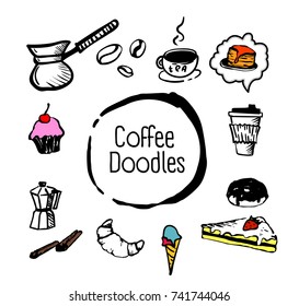 Vector hand drawn vintage coffee doodle Illustrations. Retro sketch style set.
