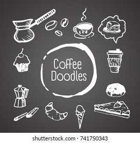 Vector hand drawn vintage coffee doodle Illustrations on gray background. Retro sketch style set.