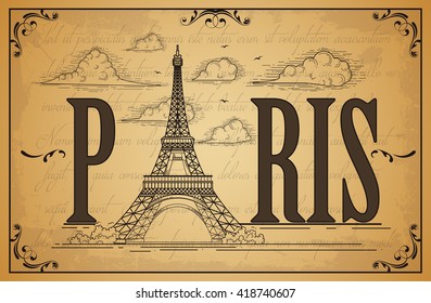 Vector hand drawn vintage Eiffel Tower in the clouds. Paris retro style card.