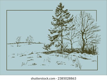  Vector hand drawn vintage engraved sketch. Sketch of winter landscape with trees and grass