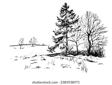  Vector hand drawn vintage engraved sketch. Rural scenery landscape panorama of countryside pastures. 