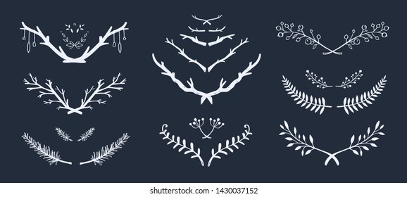 Vector hand drawn vintage floral laurels. Set of Nature doodle flowers and brunches for Wedding, Birthday and cards decorations. Bohemian styled elements