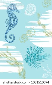 vector hand drawn vintage illustration of seahorse, starfish, coral springs and seashell.