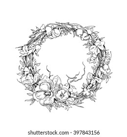 Vector hand drawn vintage illustration. Floral background. Wreath, flowers, branches. Cotton box. Great for greeting and invitation cards, banners, postcards.