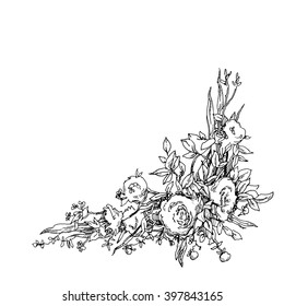 Vector hand drawn vintage illustration. Floral background. Wreath, flowers, branches. Cotton box. Great for greeting and invitation cards, banners, postcards.