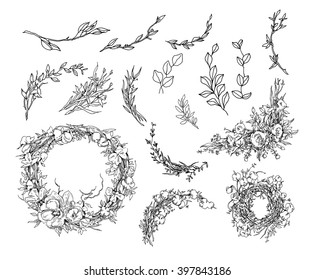 Vector hand drawn vintage illustration. Floral background. Wreath, flowers, branches. Cotton box. Great for greeting and invitation cards, banners, postcards.