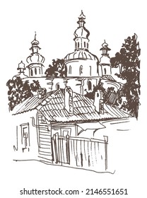 Vector hand drawn vintage ink and pen sketch landscape. Wooden house on the old street, garden and church with Ukrainian Baroque domes in Chernihiv. Vector auto trace