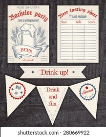 Vector Hand Drawn Vintage Invitation, Tasting Sheet, Banner And Flag For A Party With Beer Mug And  Wheat On Wooden Desk 