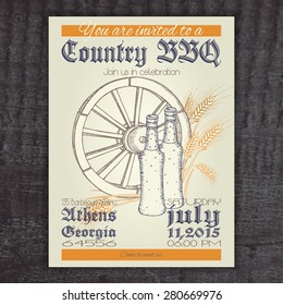 vector hand drawn vintage invitation on country barbecue with wheel, ear of wheat and bottle on wooden desk 