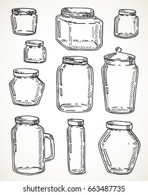 Vector hand drawn vintage jars set. Contour sketch illustration in black isolated over white.
