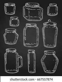 Vector hand drawn vintage jars set. Contour chalk sketch illustration in white over black chalkboard.