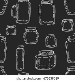 Vector hand drawn vintage jars seamless pattern in white over black. Contour sketch illustration background.