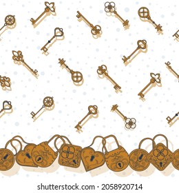 Vector hand drawn vintage keys and locks seamless pattern print background.