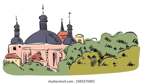 Vector hand drawn vintage landscape sketch. Pink church with domes among green bushes. On the street, in a garden somewhere in Europe.