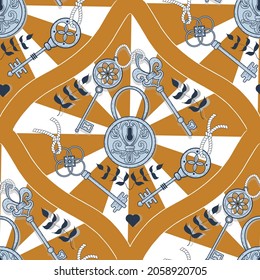 Vector hand drawn vintage lock and keys diamond shape seamless pattern print background.