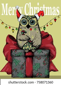 Vector hand drawn vintage Merry Christmas card with owl