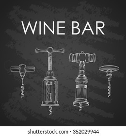 Vector hand drawn vintage and modern corkscrews and corks wine bar background on chalk texture
