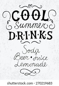 Vector hand drawn vintage poster with calligraphy and names of cold drinks: soda, beer, juice,lemonade  on textured background. Editable isolated objects.