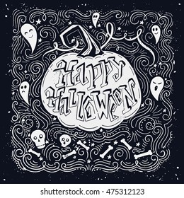 Vector hand drawn vintage poster with hand-lettering. Happy Halloween greeting card with pumpkin and ghosts. Vector art. Perfect design element for poster or banner.