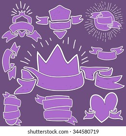 Vector hand drawn vintage purple banners and ribbon set. Crown banner. Ribbons icon set. Sun rays. Templates for design.