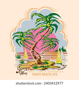 Vector Hand Drawn Vintage retro Palm sunshine beach art illustration, this artwork rayed for screen print, summer print design with pink color sunshine, vintage graphic tee for t-shirt or sweatshirt