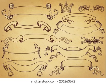 Vector hand drawn vintage ribbon collection isolated on white