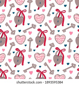 Vector hand drawn vintage seamless pattern with keys, padlocks and hearts for Valentine's day or wedding on white. Great for fabrics, wrapping papers, wallpapers, covers. Pink, red and brown colors.