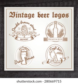 vector hand drawn vintage set of beer logo on wooden desk