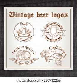 vector hand drawn vintage set of beer logo on wooden desk