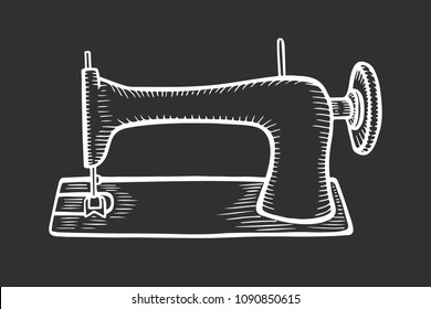 Vector hand drawn of the vintage sewing machine. isolated on black background. In old style engraving illustration