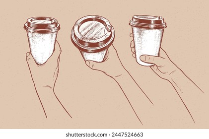 Vector hand drawn vintage sketchy illustration set of hands holding disposable paper coffee takeaway cup