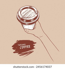 Vector hand drawn vintage sketchy top view illustration of hand holding disposable paper coffee takeaway cup with paint brush background banner