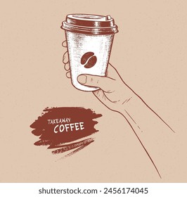Vector hand drawn vintage sketchy side view illustration of hand holding disposable paper coffee takeaway cup with paint brush background banner