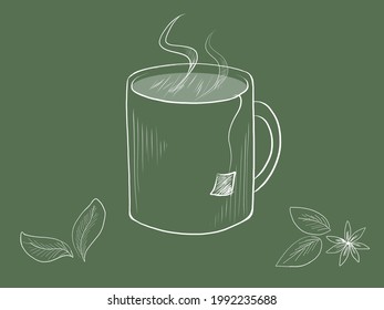 Vector hand drawn vintage style of hot steaming tea mug isolated on green background. chalk drawing style tea cup. Leaves and herbs. Hot tea. Design element or background. Card, menu, interior designs