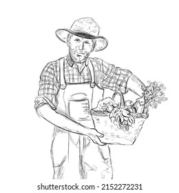 Vector Hand Drawn Vintage Style Farmer Holding Basket with Crop Vegetables and Fruits, Local Produce Natural Farm Illustration, Black and White Ouline Drawing.