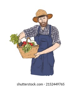 Vector Hand Drawn Vintage Style Farmer Holding Basket with Crop Vegetables and Fruits, Local Produce Natural Farm Illustration, Colorful Drawing.