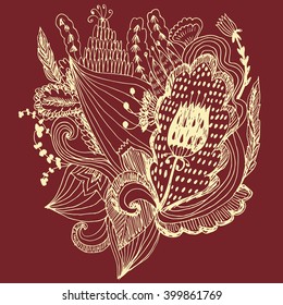 Vector hand drawn vintage stylized image of an abstract natural ornament isolated on dark red. Preferably for covers, posters, postcards, wallpapers and clothes.
