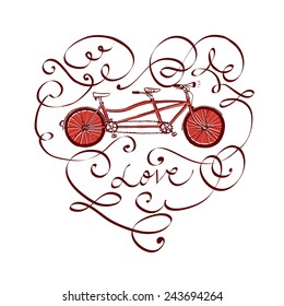 Vector hand drawn vintage tandem bicycle with calligraphy in heart shape. Valentine's  illustration. Editable isolated objects.