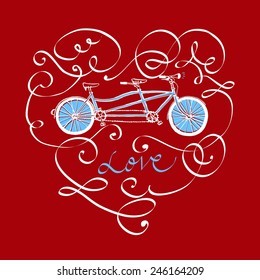 Vector hand drawn vintage tandem bicycle with calligraphy in heart shape on red background. Valentine's  illustration. Editable isolated objects.