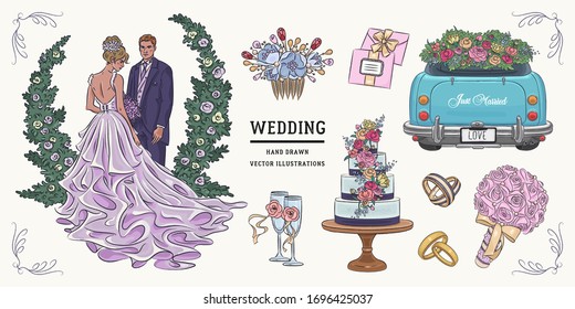 Vector hand drawn vintage wedding Illustration. Sketch. Retro style