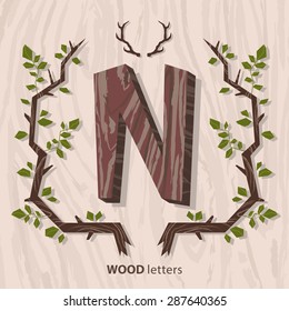 Vector hand drawn vintage Wooden Monogram with amazing frame of branches. Letter "N" can be used for posters, cards, invitations, blogs, websites, backgrounds and any other stylish designs