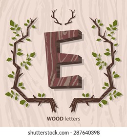 Vector hand drawn vintage Wooden Monogram with amazing frame of branches. Letter "E" can be used for posters, cards, invitations, blogs, websites, backgrounds and any other stylish designs