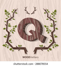 Vector hand drawn vintage Wooden Monogram with amazing frame of branches. Letter "Q" can be used for posters, cards, invitations, blogs, websites, backgrounds and any other stylish designs