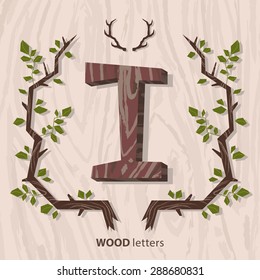 Vector hand drawn vintage Wooden Monogram with amazing frame of branches. Letter "I" can be used for posters, cards, invitations, blogs, websites, backgrounds and any other stylish designs